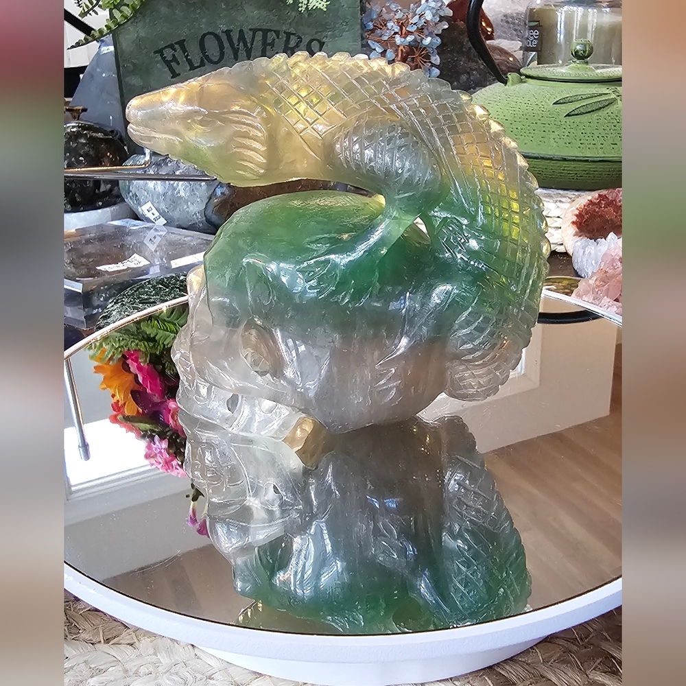 Fluorite Carved Crystal Skull And Lizard